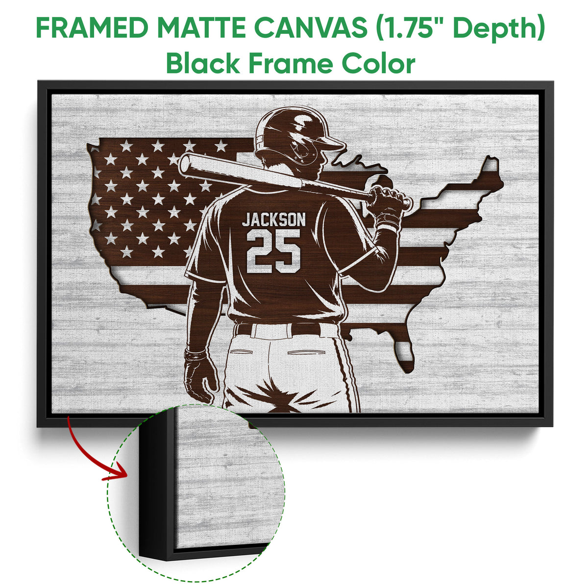 Black framed canvas baseball wall art with a batter and rustic patriotic map artwork