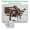 White framed canvas baseball wall art featuring a batter against a star-spangled map design