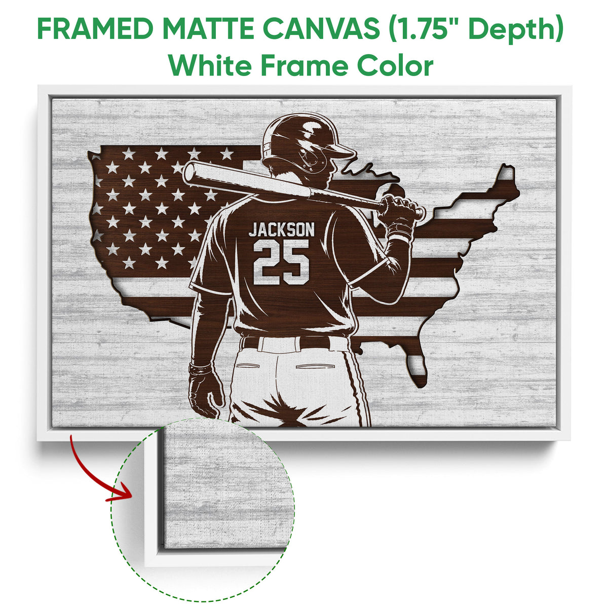 White framed canvas baseball wall art featuring a batter against a star-spangled map design
