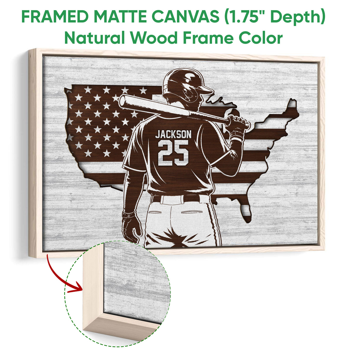 Natural wood framed baseball wall art with a batter and rustic United States map background