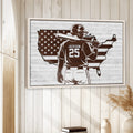 Patriotic baseball wall art displayed in a bright rustic room with white wood paneling