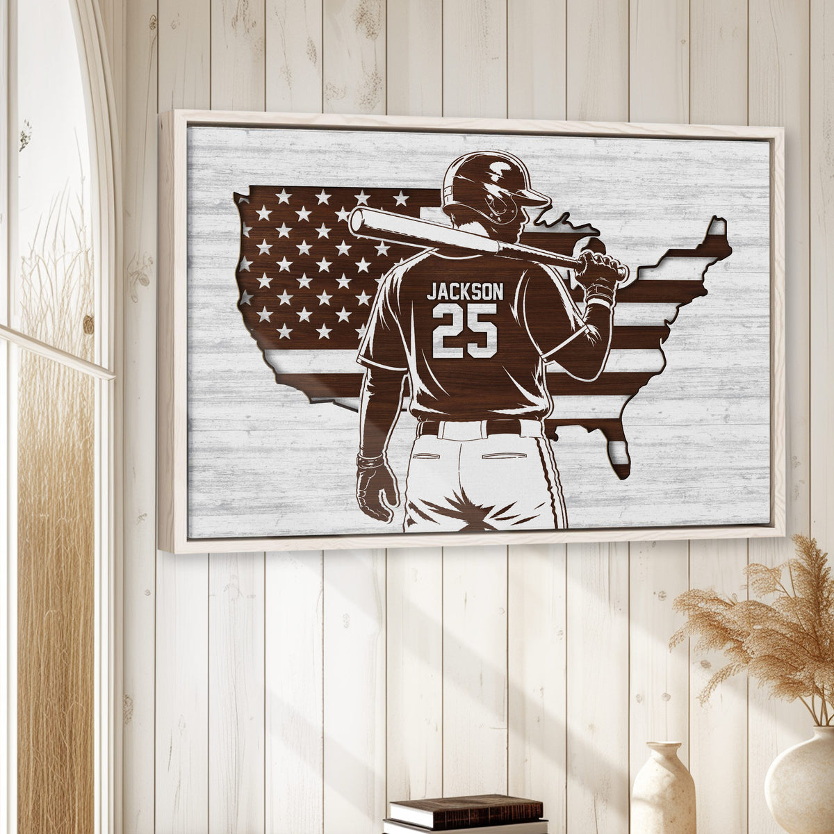Patriotic baseball wall art displayed in a bright rustic room with white wood paneling