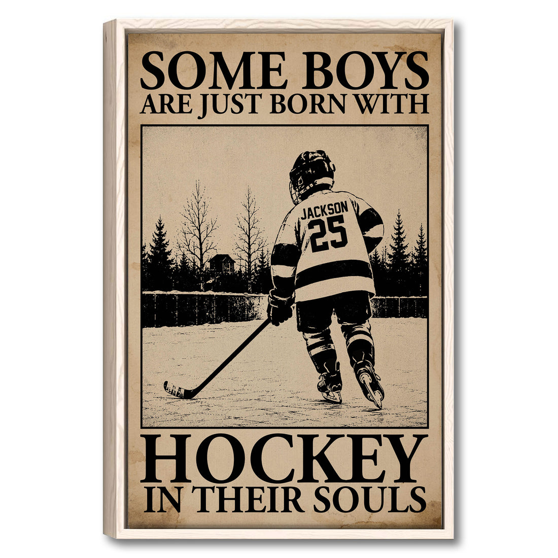 Framed hockey wall art showing a player skating on an outdoor rink in a vintage rustic design