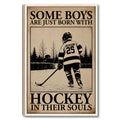 Framed hockey wall art showing a player skating on an outdoor rink in a vintage rustic design