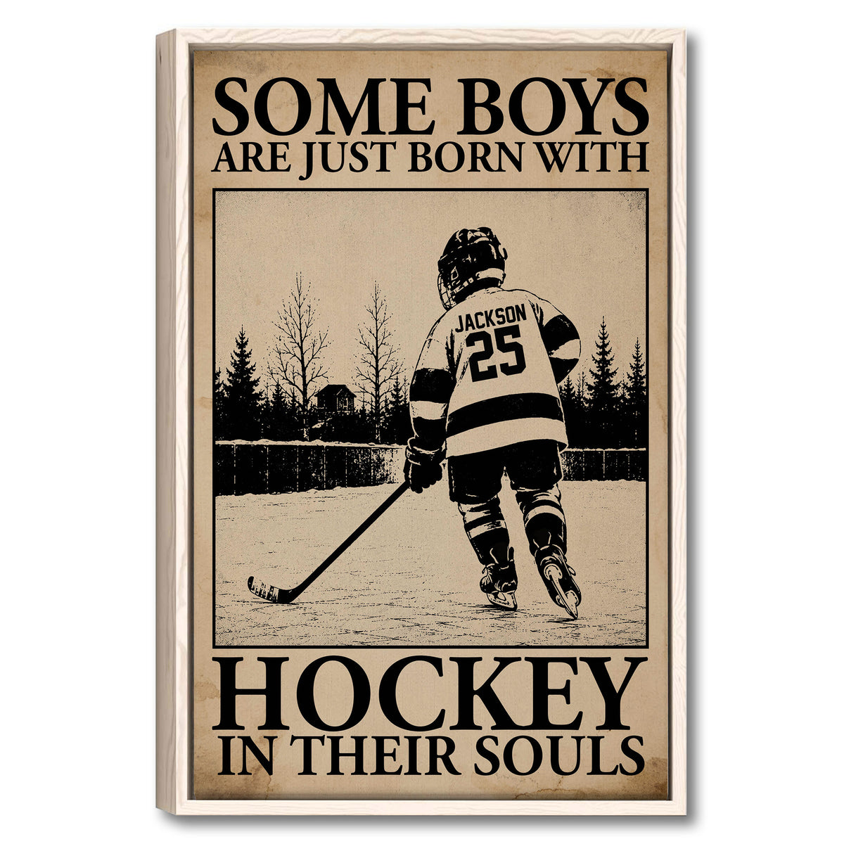 Framed hockey wall art showing a player skating on an outdoor rink in a vintage rustic design