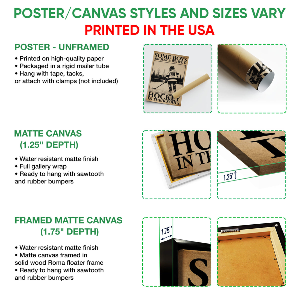 Poster and canvas wall art options guide showing unframed poster, matte canvas, and framed canvas formats