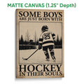 Matte canvas hockey wall art featuring a skater, outdoor ice rink, and distressed neutral artwork