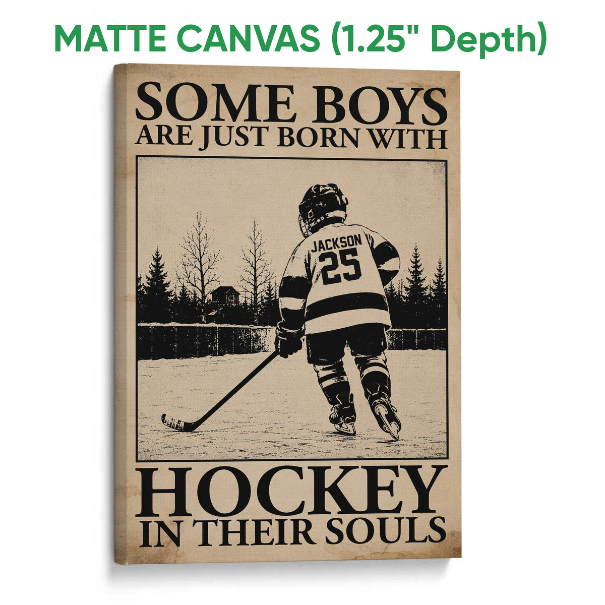 Matte canvas hockey wall art featuring a skater, outdoor ice rink, and distressed neutral artwork