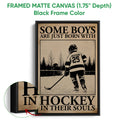 Framed hockey canvas wall art shown with a black frame and close-up of the artwork edge