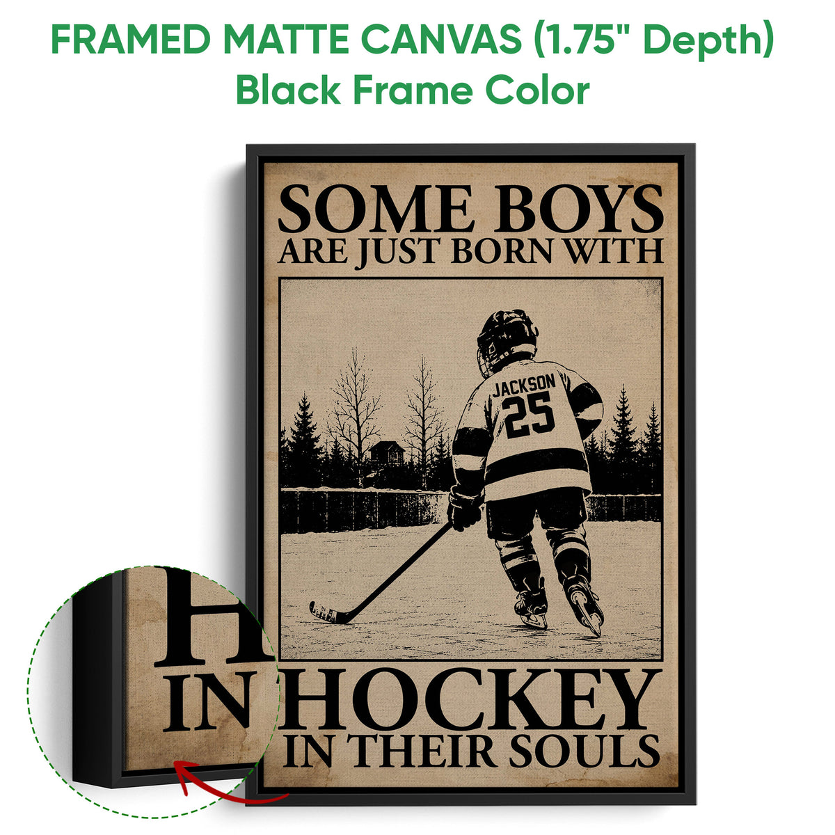 Framed hockey canvas wall art shown with a black frame and close-up of the artwork edge