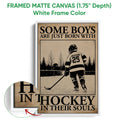 Framed hockey canvas wall art shown with a white frame and close-up of the artwork edge
