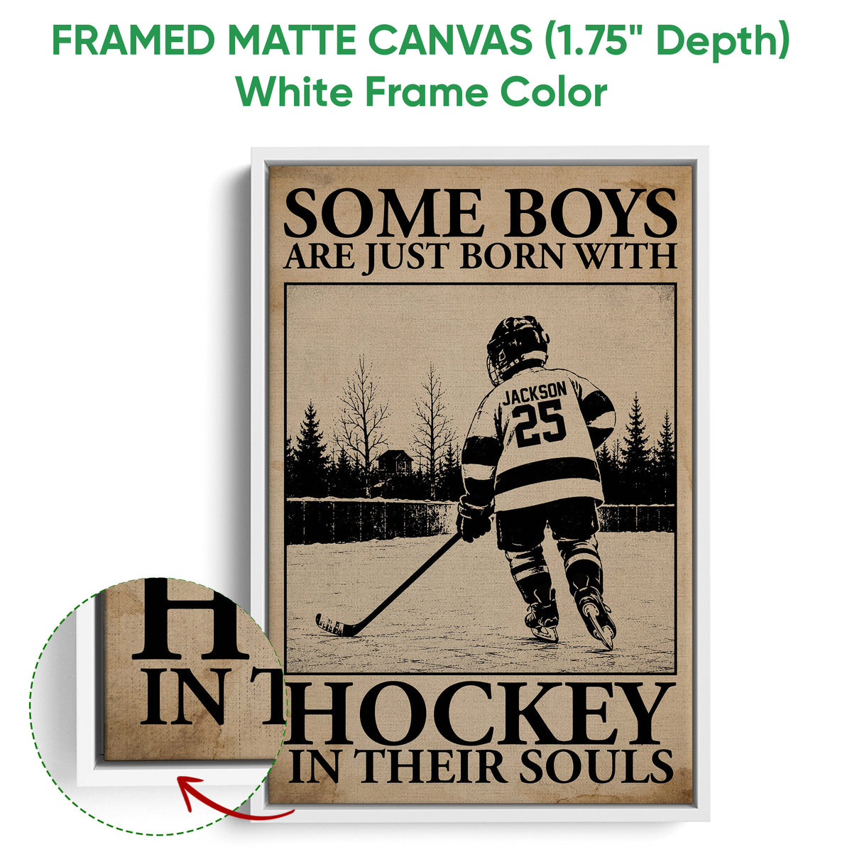 Framed hockey canvas wall art shown with a white frame and close-up of the artwork edge