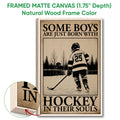 Framed hockey canvas wall art shown with a natural wood frame and close-up of the canvas edge