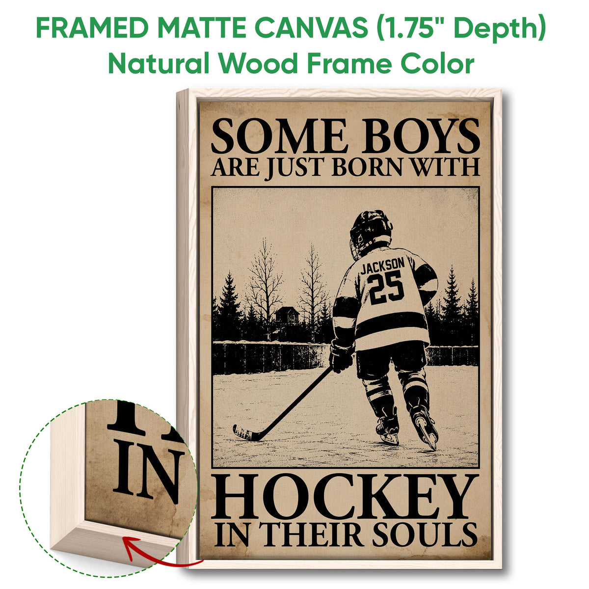 Framed hockey canvas wall art shown with a natural wood frame and close-up of the canvas edge