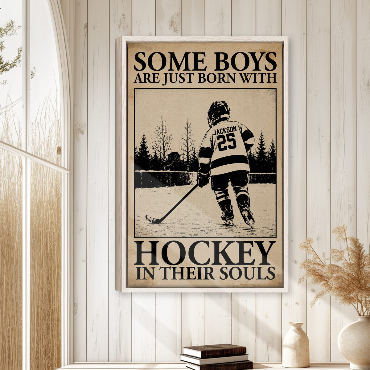 Hockey wall art displayed in a bright room with white wood walls and natural wood decor