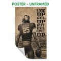 Unframed football poster with a sepia stadium scene, helmeted player and bold motivational typography