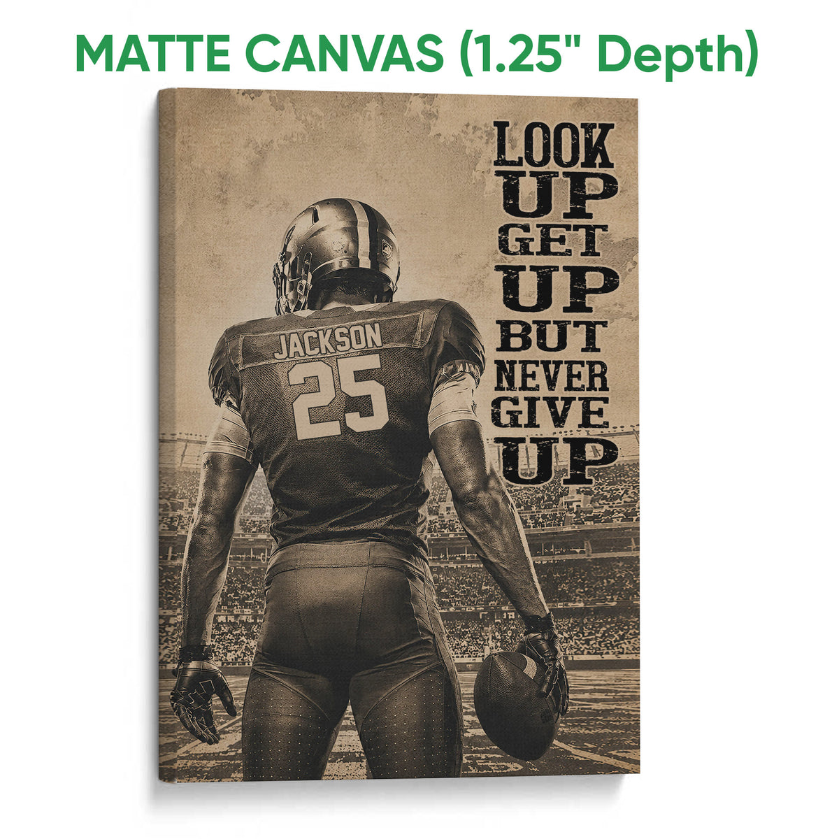 Matte canvas football wall art showing a sepia player and stadium scene with a textured finish