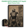 Framed matte canvas football wall art shown with a black frame and close-up of the artwork edge