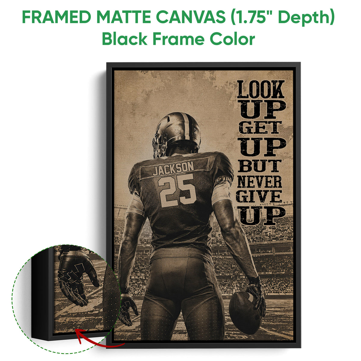 Framed matte canvas football wall art shown with a black frame and close-up of the artwork edge