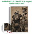 Framed matte canvas football wall art shown with a white frame and close-up of the artwork edge