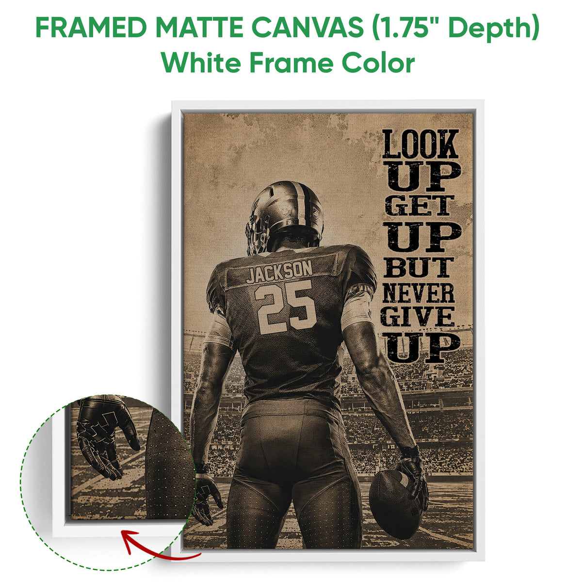 Framed matte canvas football wall art shown with a white frame and close-up of the artwork edge