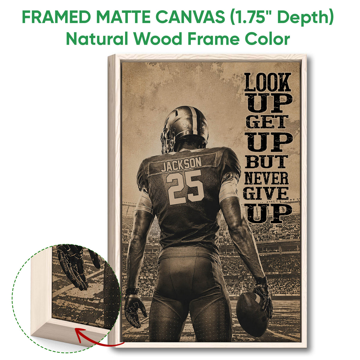 Framed matte canvas football wall art shown with a natural wood frame and detailed edge view