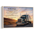 Framed wall art featuring a semi-truck on a desert highway at sunset with a heartfelt travel prayer
