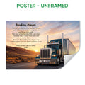 Unframed poster featuring a semi-truck driving through a sunset mountain landscape with a travel prayer