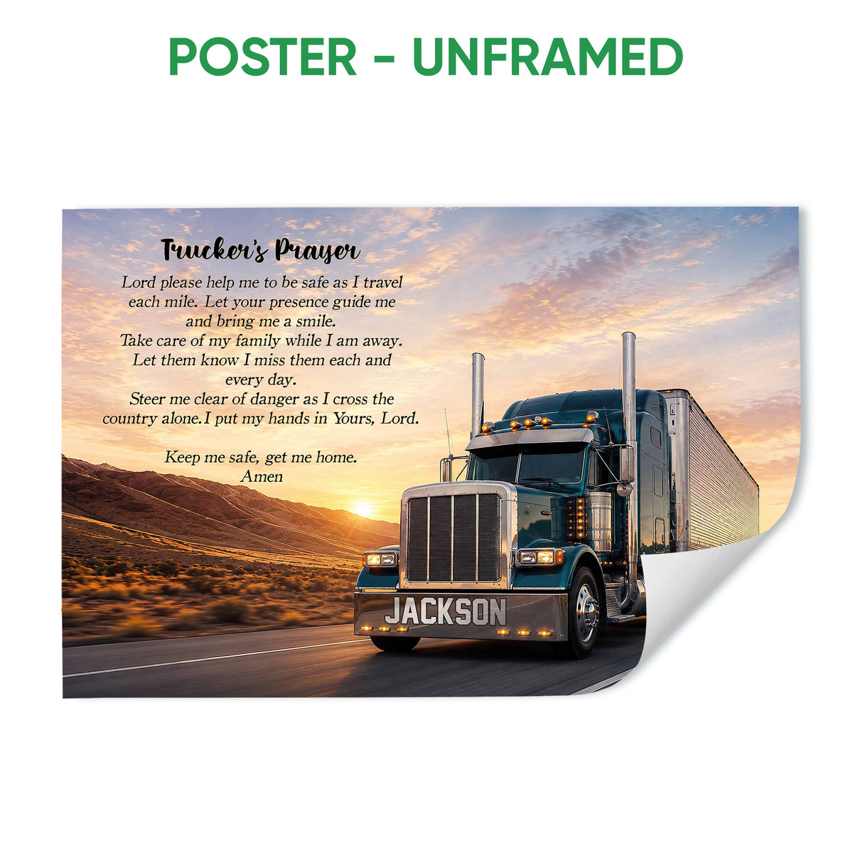 Unframed poster featuring a semi-truck driving through a sunset mountain landscape with a travel prayer