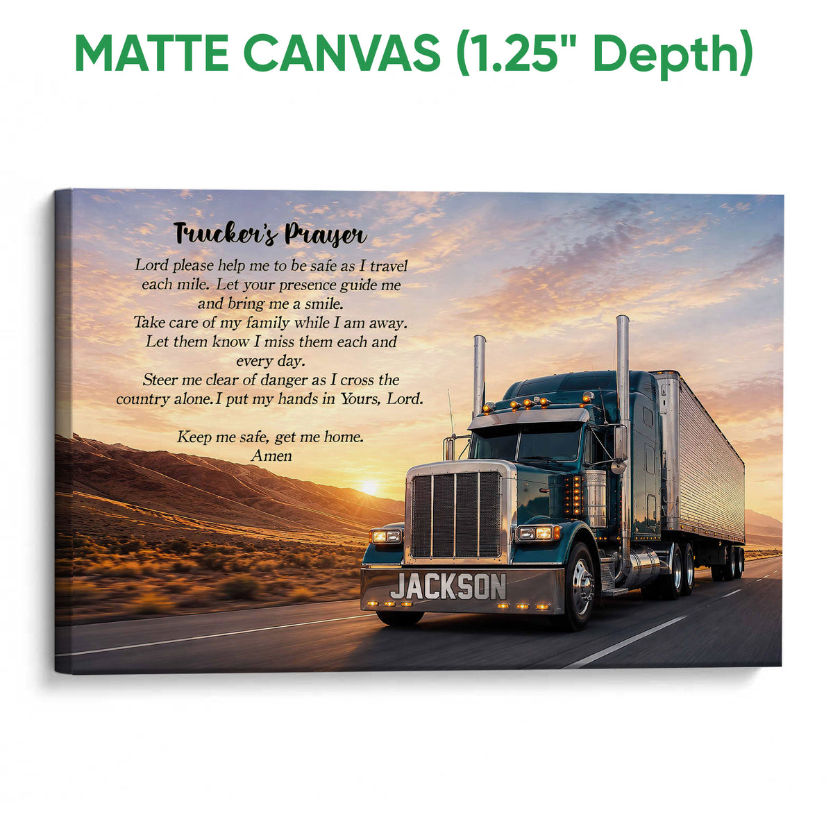 Matte canvas wall art showing a semi-truck on an open road beneath a warm sunset sky