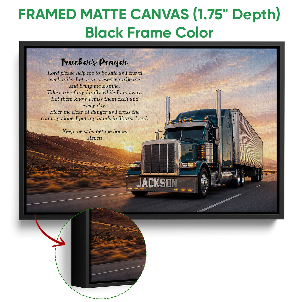 Black framed canvas wall art featuring a semi-truck, desert highway, and sunset landscape