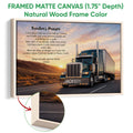 Natural wood framed trucker wall art with a semi-truck, mountain road, and warm sunset colors
