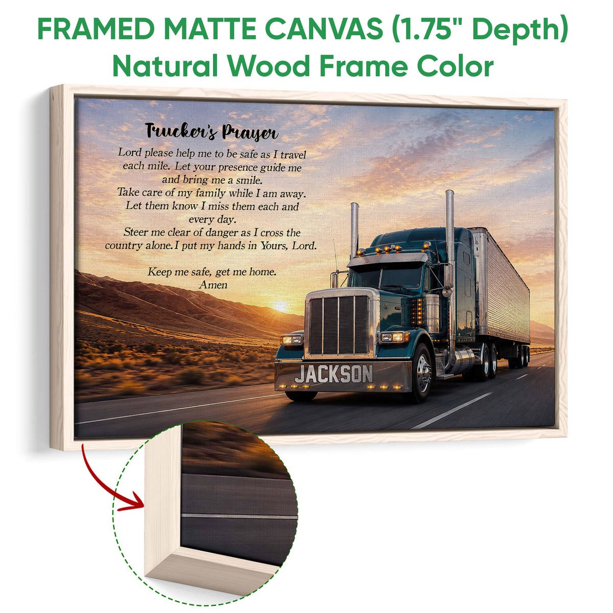 Natural wood framed trucker wall art with a semi-truck, mountain road, and warm sunset colors