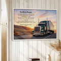Trucker prayer wall art displayed in a bright home with white wood walls and natural decor