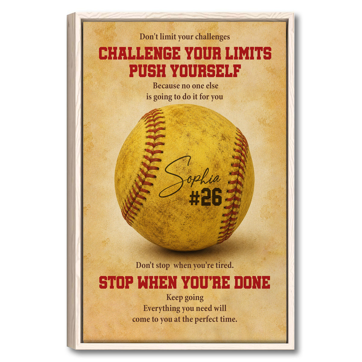 Framed softball wall art with a vintage textured design and motivational sports message