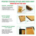 Poster or canvas wall art option guide showing unframed poster, matte canvas and framed canvas formats