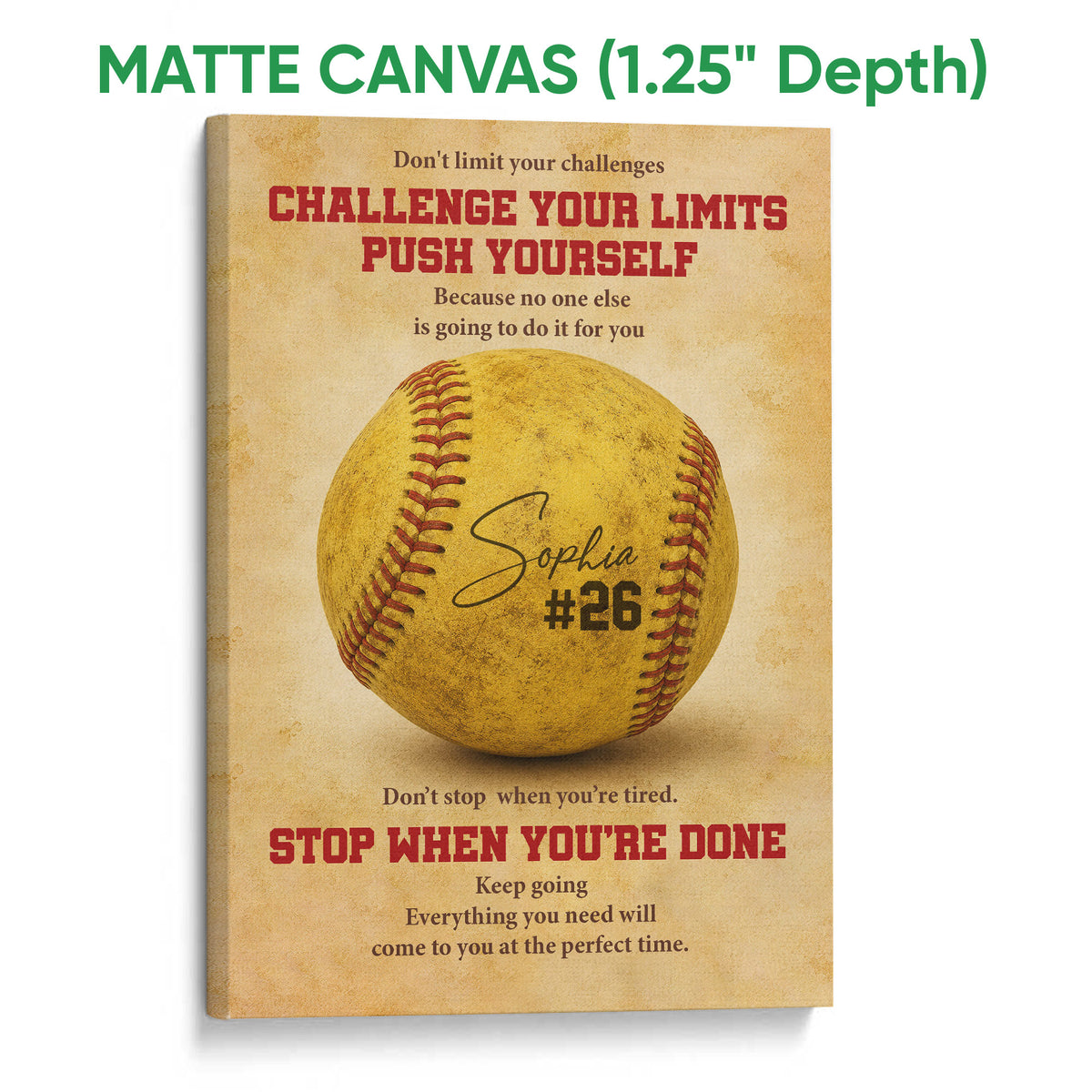 Matte canvas softball wall art featuring a large yellow softball and motivational sports message