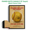 Black framed canvas softball wall art with a close-up view of the textured frame edge