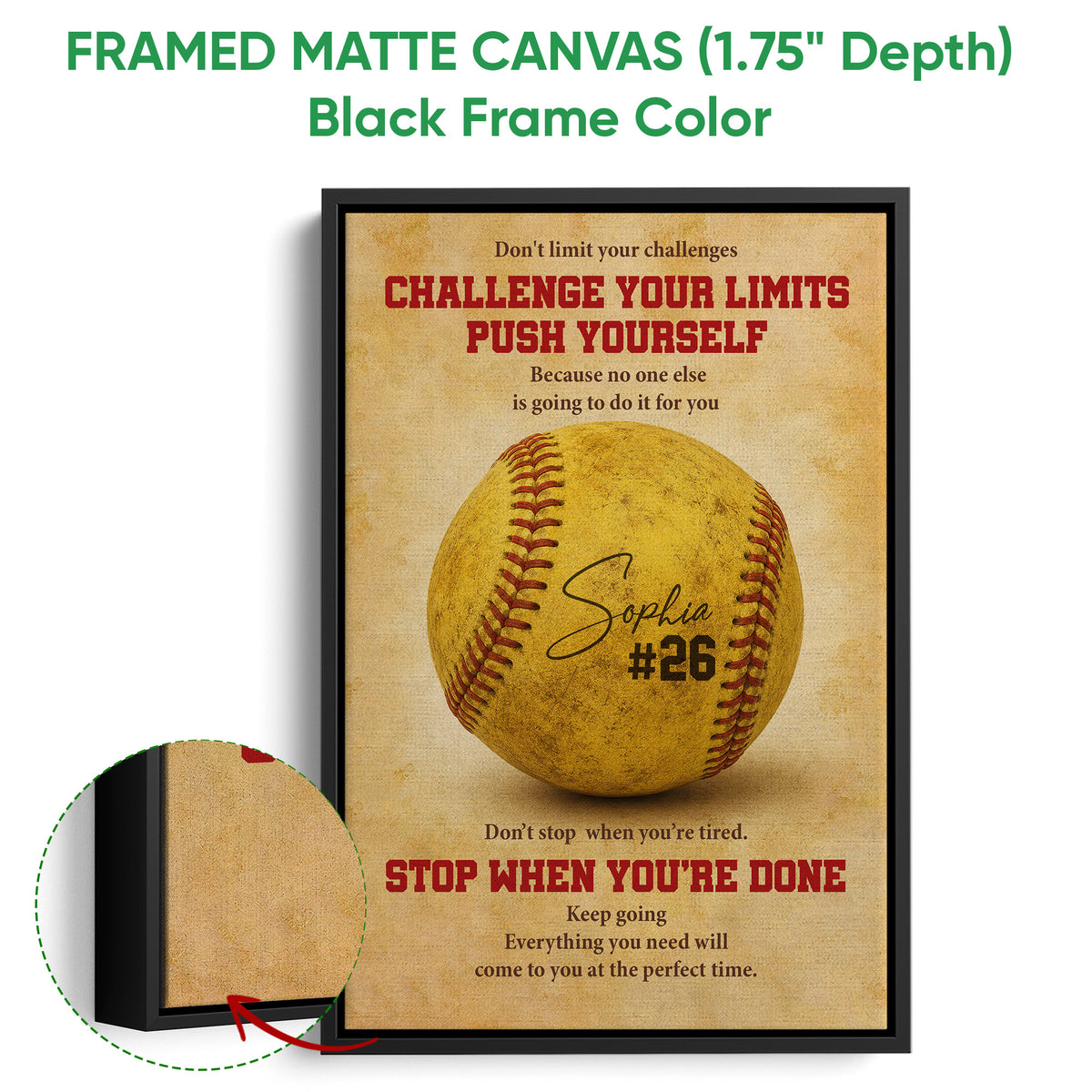 Black framed canvas softball wall art with a close-up view of the textured frame edge