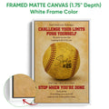White framed canvas softball wall art showing the textured artwork and white frame detail