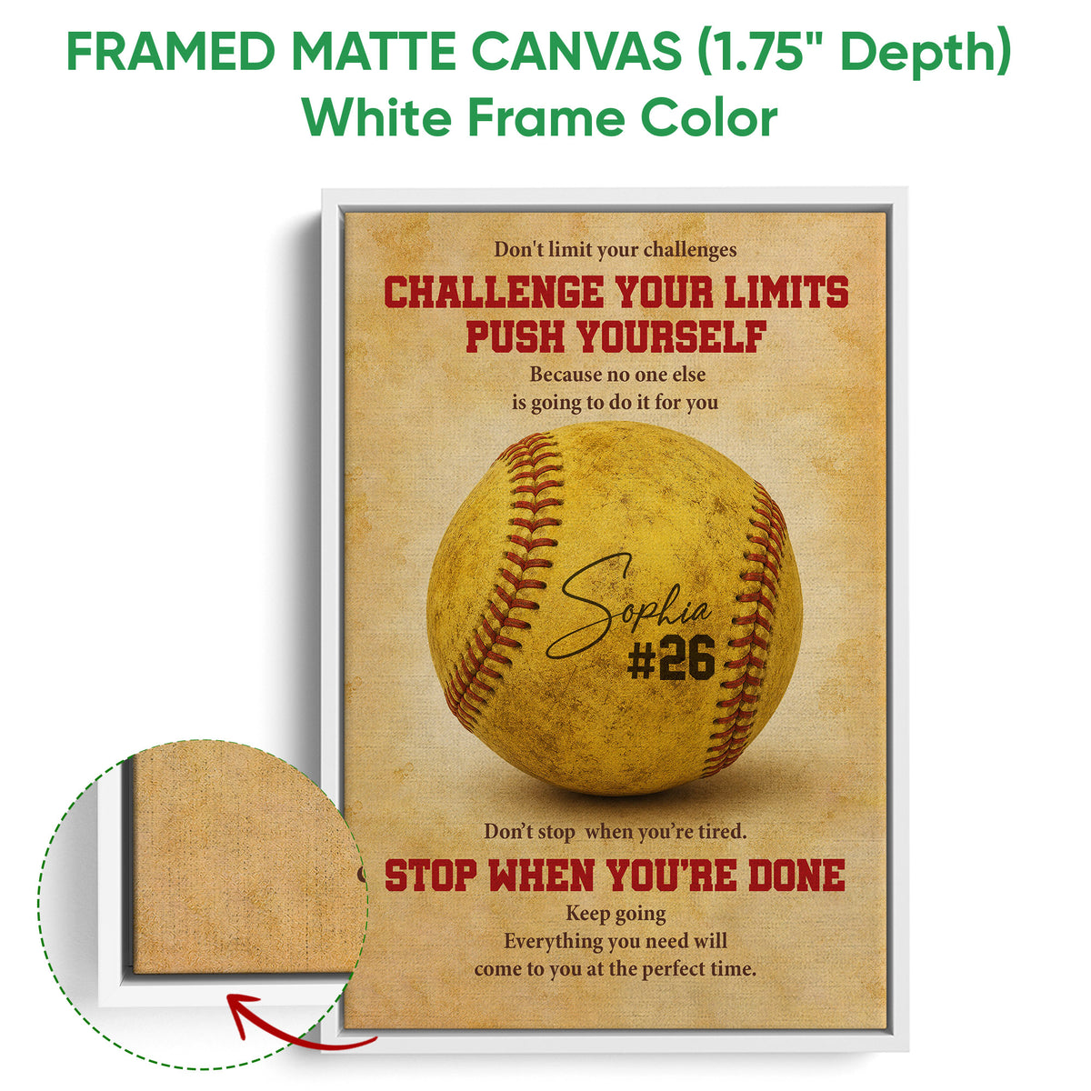White framed canvas softball wall art showing the textured artwork and white frame detail