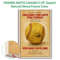 Natural wood framed softball wall art with a close-up view of the wooden frame construction