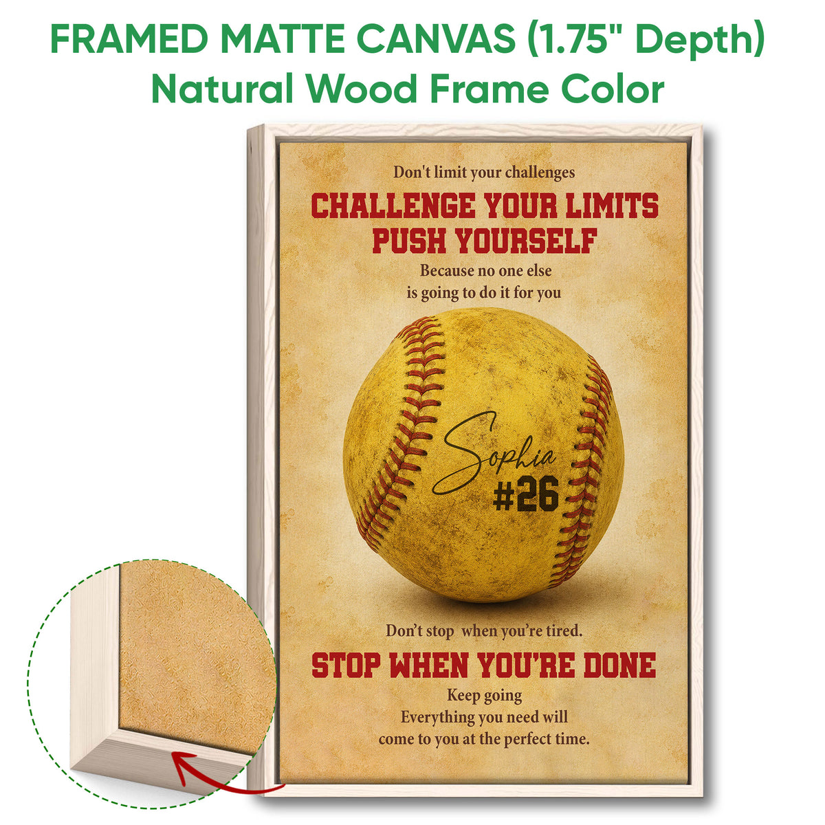 Natural wood framed softball wall art with a close-up view of the wooden frame construction