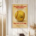 Framed softball wall art displayed on a light wood-paneled wall in a bright home interior