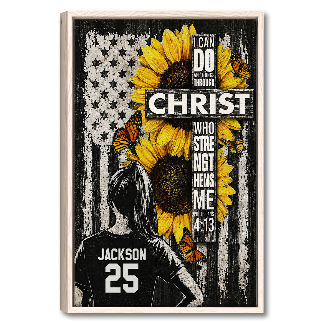 Softball girl Christian wall art with female player, sunflower cross, monarch butterflies, distressed American flag and Philippians 4:13 faith design