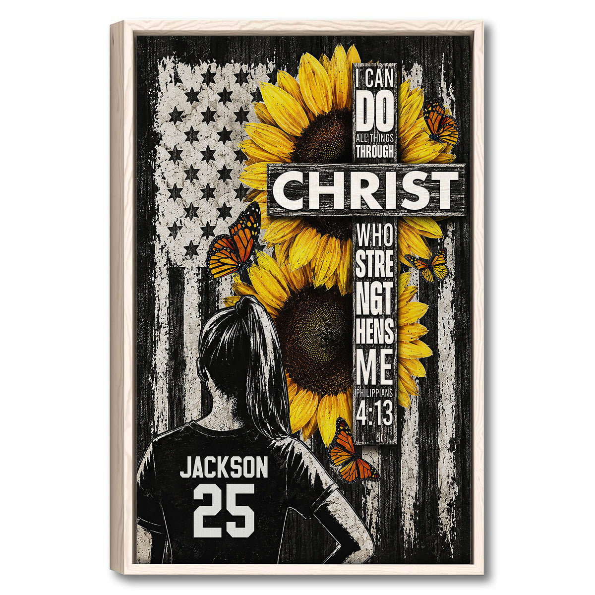Softball girl Christian wall art with female player, sunflower cross, monarch butterflies, distressed American flag and Philippians 4:13 faith design