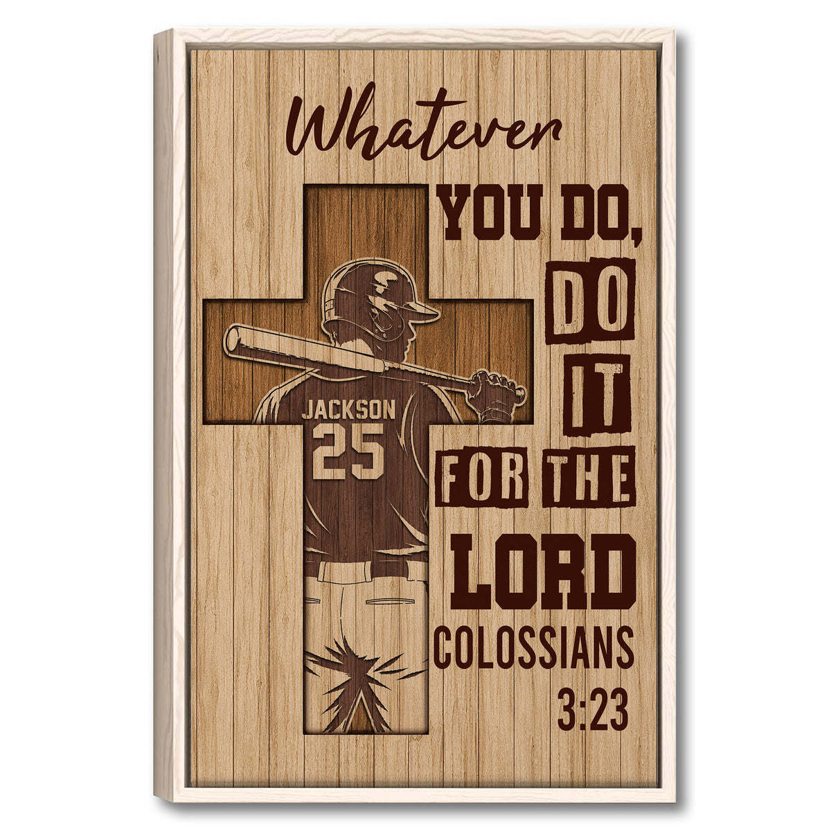 Framed baseball wall art with a batter silhouette, cross design, warm woodgrain background, and brown lettering