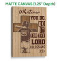 Matte canvas baseball wall art featuring a batter silhouette, cross design, warm wood tones, and bold brown text