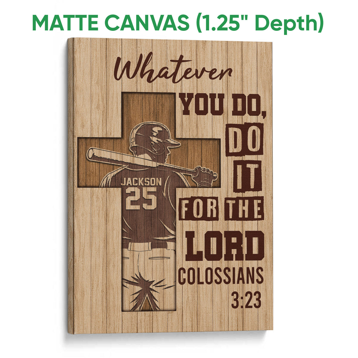 Matte canvas baseball wall art featuring a batter silhouette, cross design, warm wood tones, and bold brown text