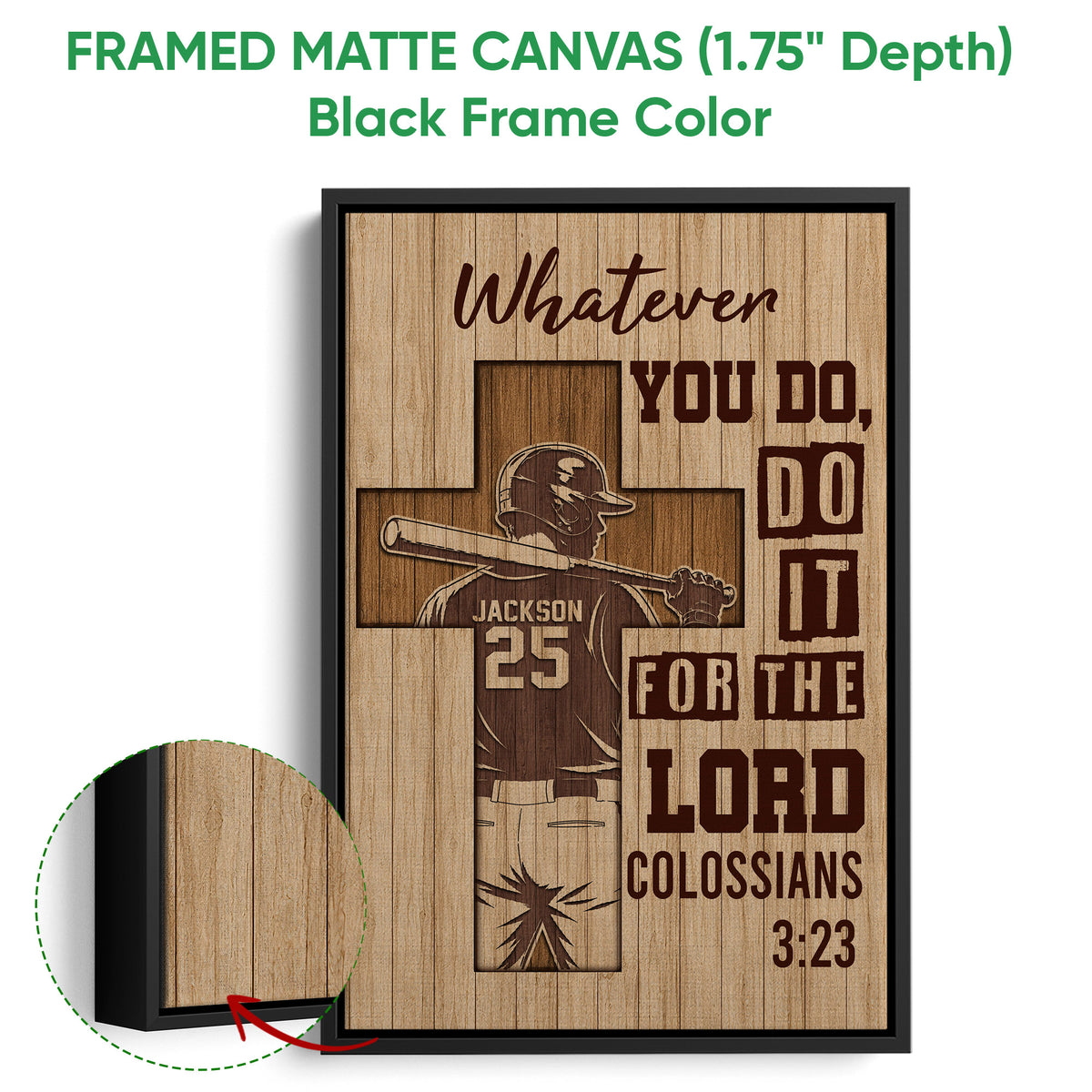 Baseball wall art shown in a black framed canvas with a batter silhouette and woodgrain faith-inspired design